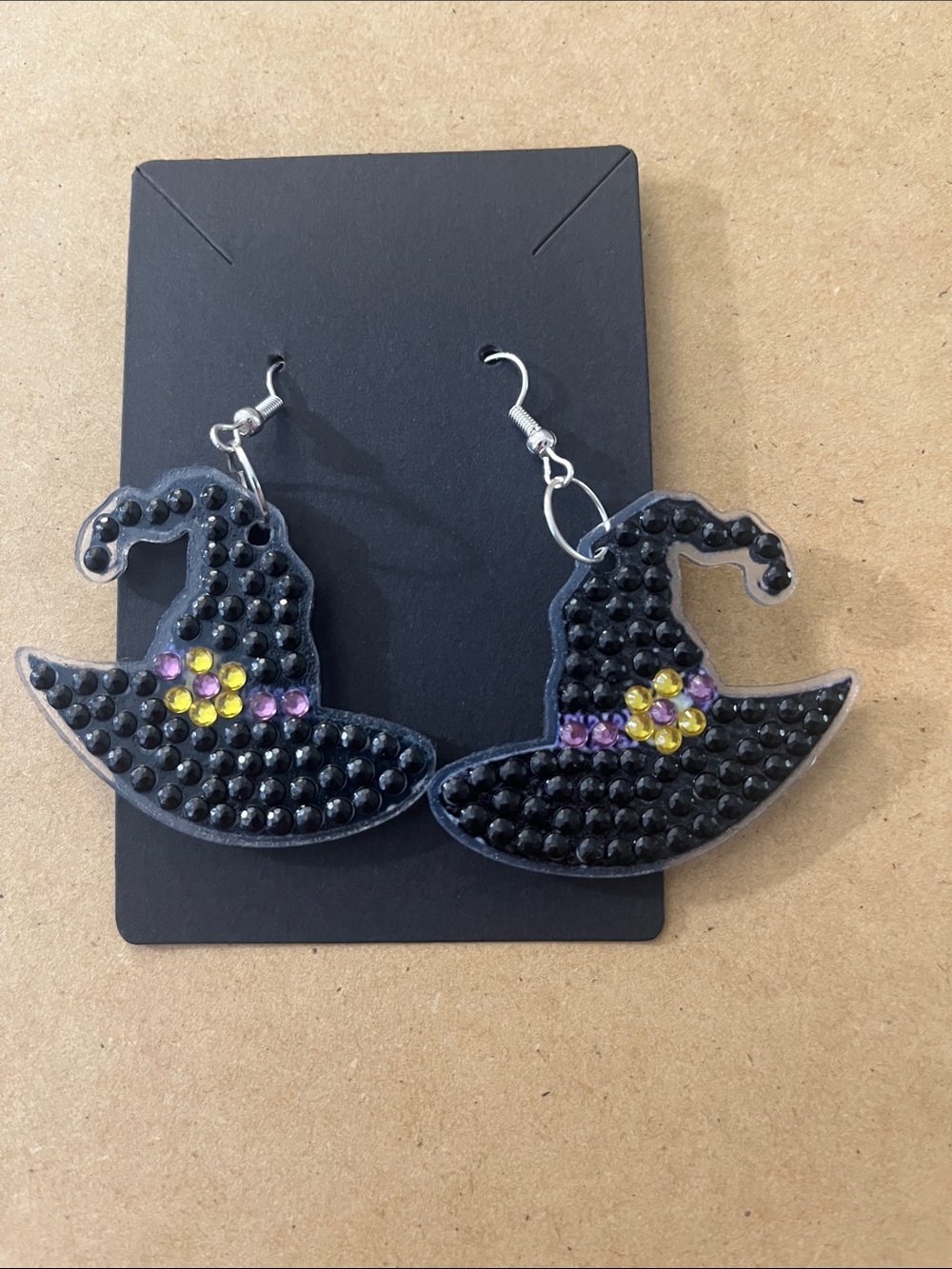 Black Witch Hat Rhinestone Earrings - Women Accessories